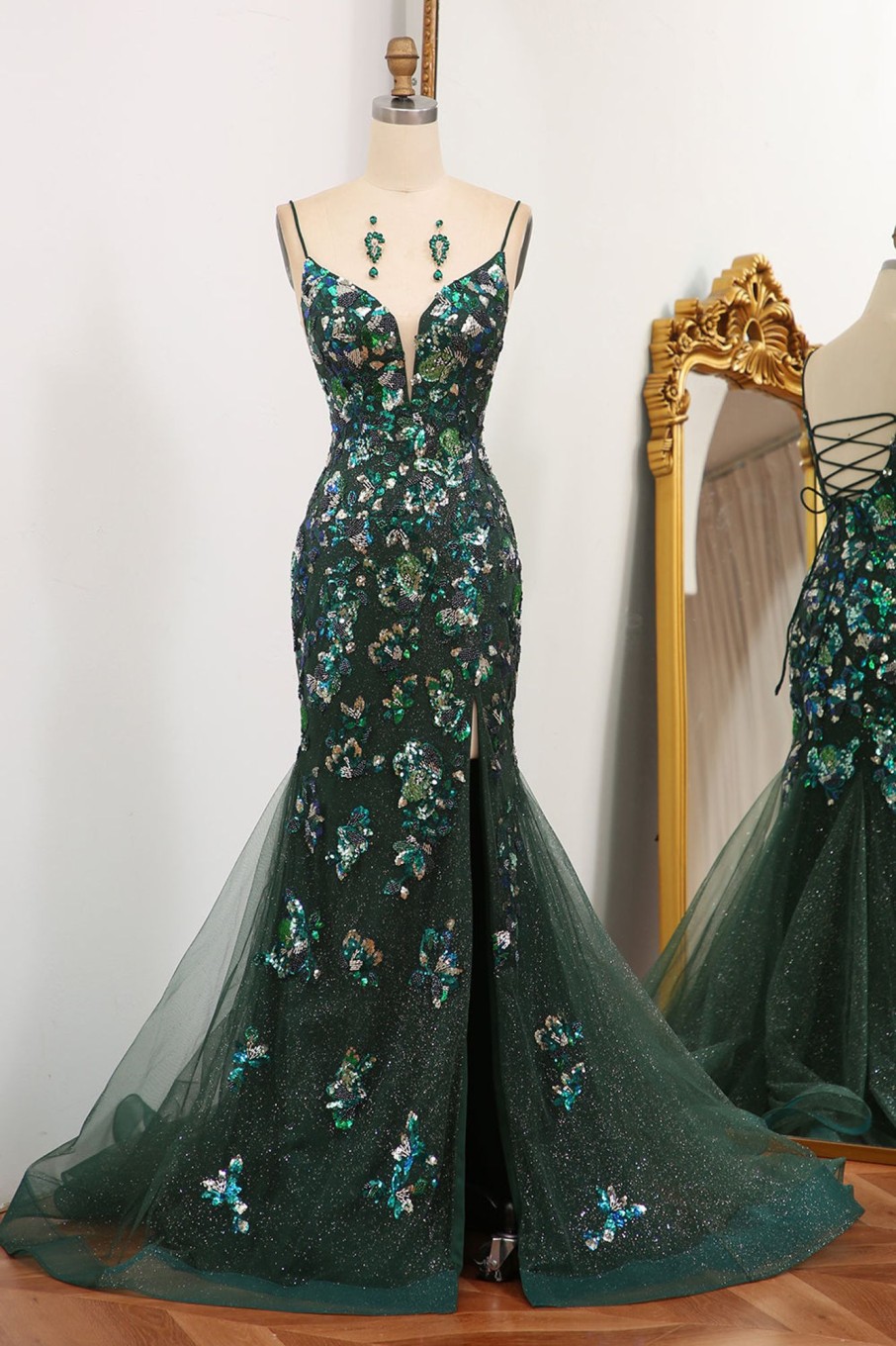 Prom Dresses HELLYMOON | Mermaid Spaghetti Straps Beaded Prom Dress With Split Dark Green