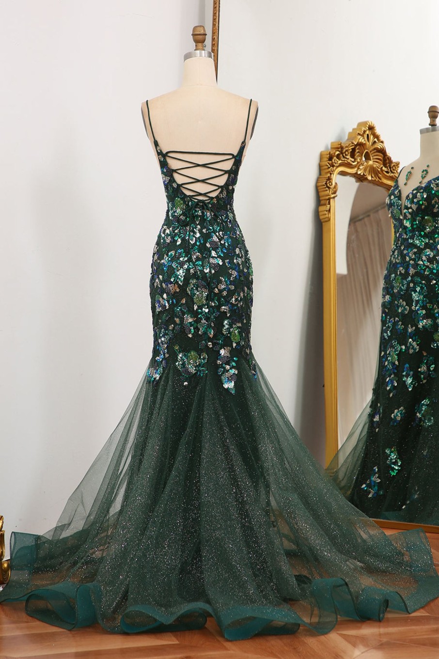 Prom Dresses HELLYMOON | Mermaid Spaghetti Straps Beaded Prom Dress With Split Dark Green