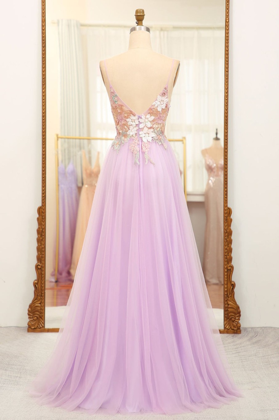 Prom Dresses HELLYMOON | A Line Spaghetti Straps Long Prom Dress With Appliques Lilac