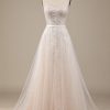 Wedding Dresses HELLYMOON | Champagne Tulle A-Line Sweep Train Wedding Dress With Lace Ivory