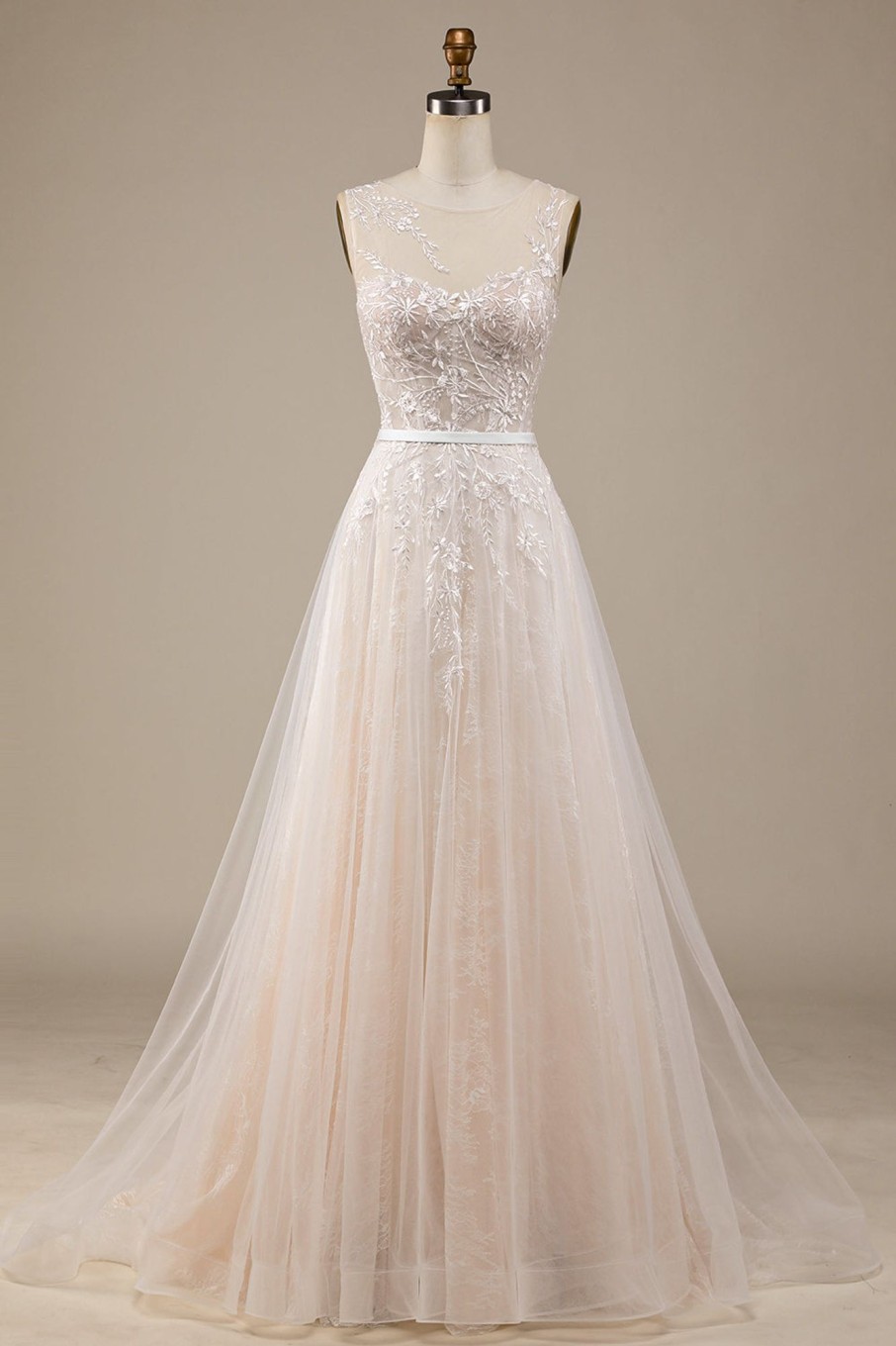 Wedding Dresses HELLYMOON | Champagne Tulle A-Line Sweep Train Wedding Dress With Lace Ivory