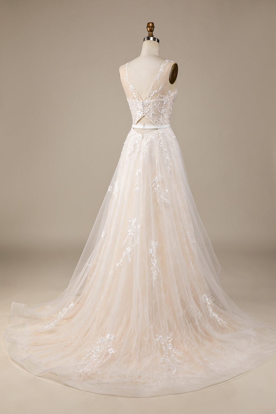 Wedding Dresses HELLYMOON | Champagne Tulle A-Line Sweep Train Wedding Dress With Lace Ivory