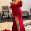 Special Occasion HELLYMOON | Off The Shoulder Fringes Satin Prom Dress With Slit Red