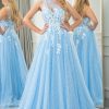 Prom Dresses HELLYMOON | A-Line One Shoulder Tulle Long Prom Dress With Appliques Light Blue