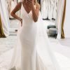 Wedding Dresses HELLYMOON | Simple White Watteau Train Boho Long Mermaid Wedding Dress Ivory