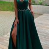 Prom Dresses HELLYMOON | A Line Spaghetti Straps Satin Prom Dress With Pockets Green