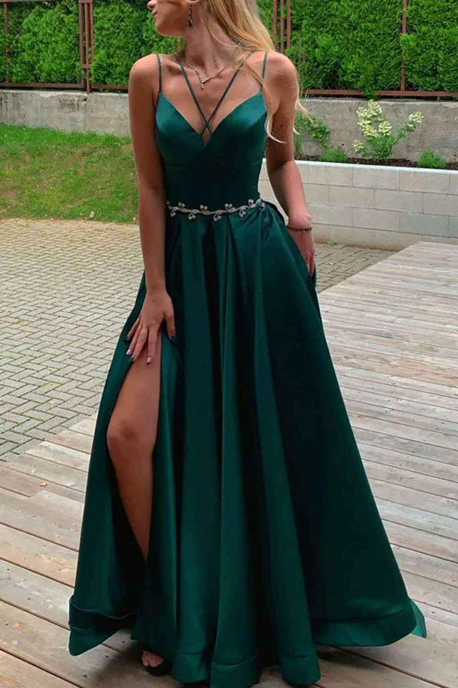 Prom Dresses HELLYMOON | A Line Spaghetti Straps Satin Prom Dress With Pockets Green