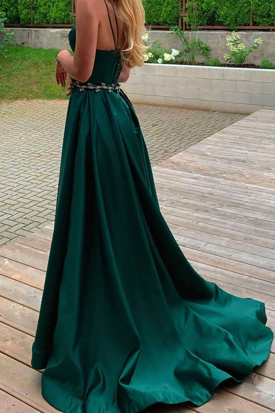 Prom Dresses HELLYMOON | A Line Spaghetti Straps Satin Prom Dress With Pockets Green