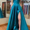 Prom Dresses HELLYMOON | Blue A-Line Simple Prom Dress With Slit Peacock Blue