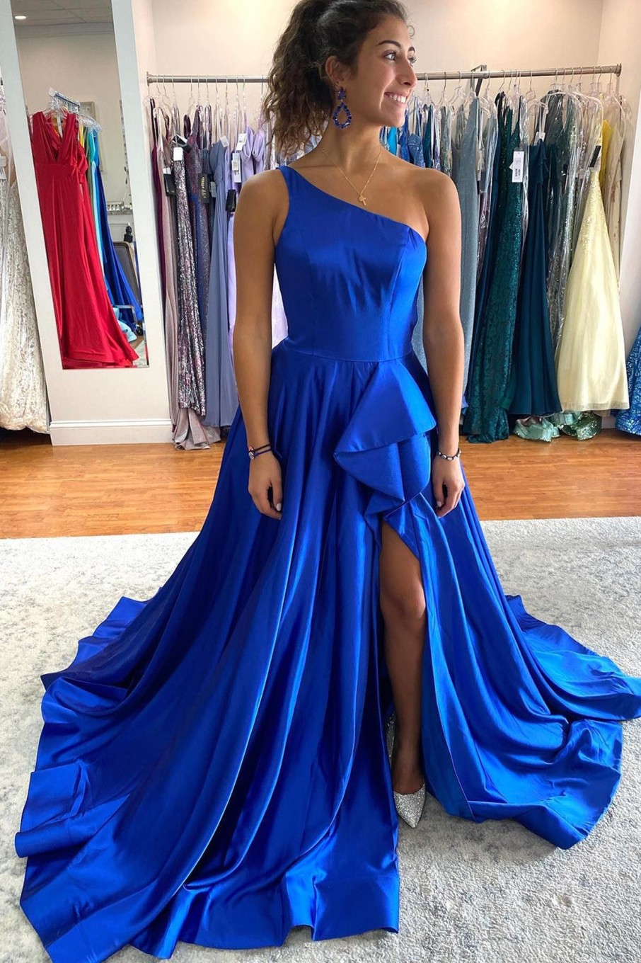 Special Occasion HELLYMOON | One Shoulder Prom Dress With Slit Royal Blue