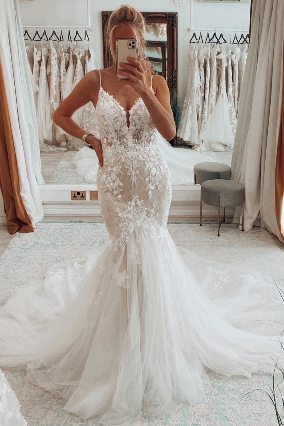 Wedding Dresses HELLYMOON | Mermaid Tulle Spaghetti Straps Long Wedding Dress Ivory