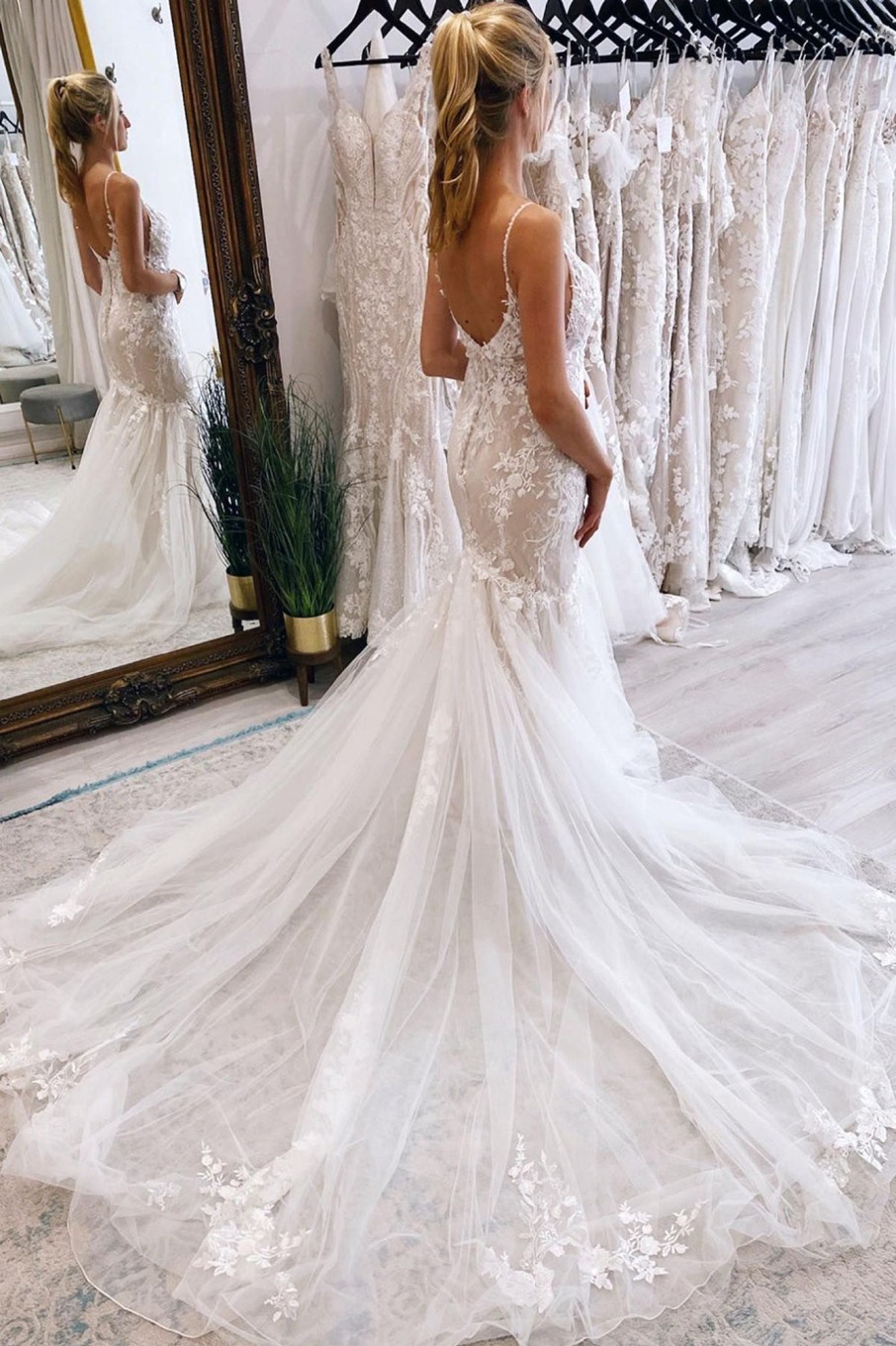 Wedding Dresses HELLYMOON | Mermaid Tulle Spaghetti Straps Long Wedding Dress Ivory