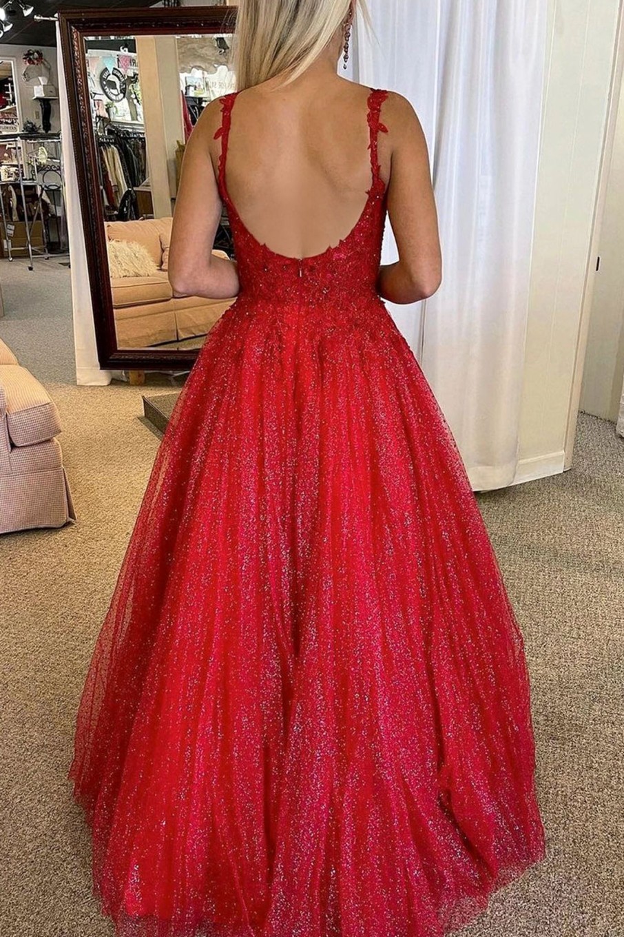 Special Occasion HELLYMOON | A-Line Backless Glitter Princess Prom Dress With Beading Red