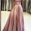 Prom Dresses HELLYMOON | Satin A-Line Simple Prom Dress With Slit Blush