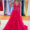 Prom Dresses HELLYMOON | A Line Tulle Prom Dress With Appliques Hot Pink