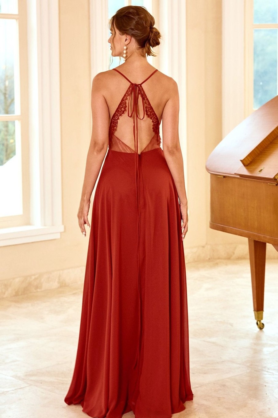 Partywear HELLYMOON | Red Spaghetti Straps Long Bridesmaid Dress