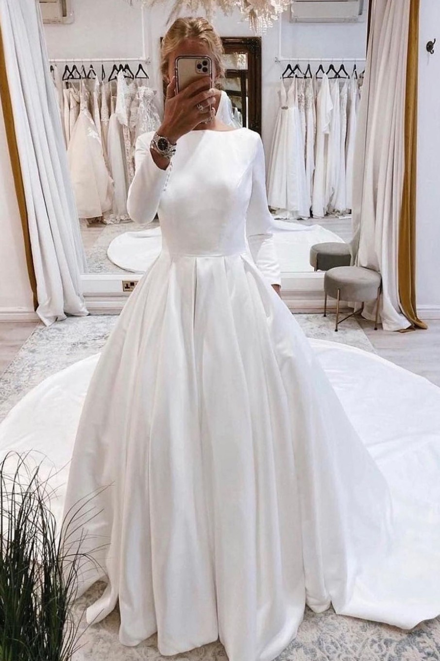 Wedding Dresses HELLYMOON | Vintage Bateau Long A-Line Wedding Dress With Sleeves White