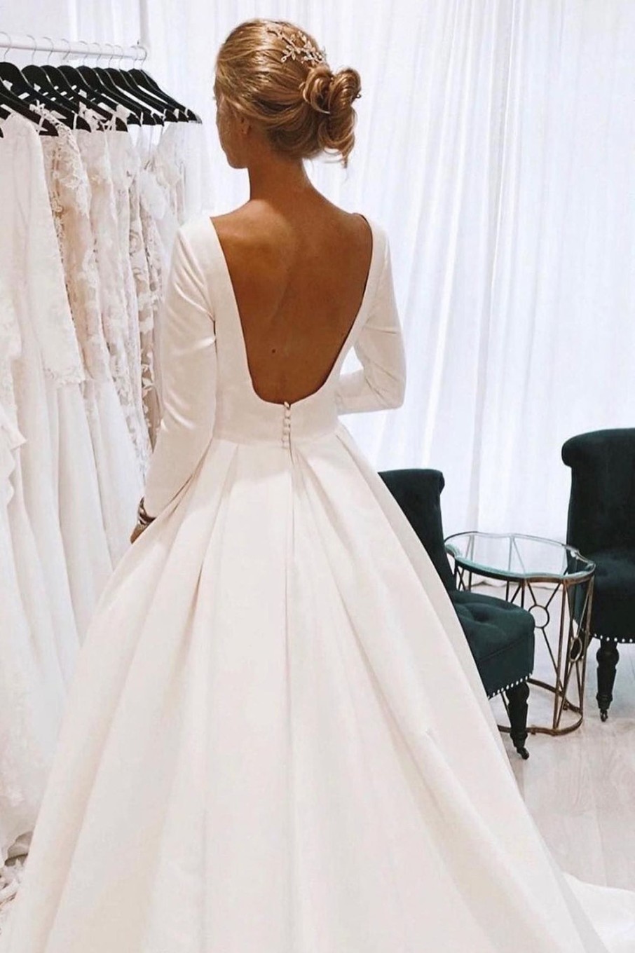 Wedding Dresses HELLYMOON | Vintage Bateau Long A-Line Wedding Dress With Sleeves White