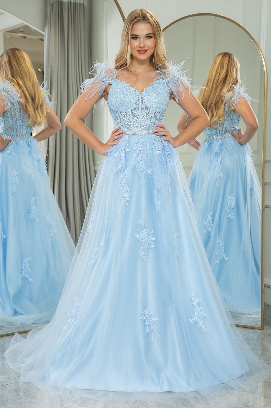 Prom Dresses HELLYMOON | A-Line Tulle Spaghetti Straps Corset Prom Dress With Feather Light Blue