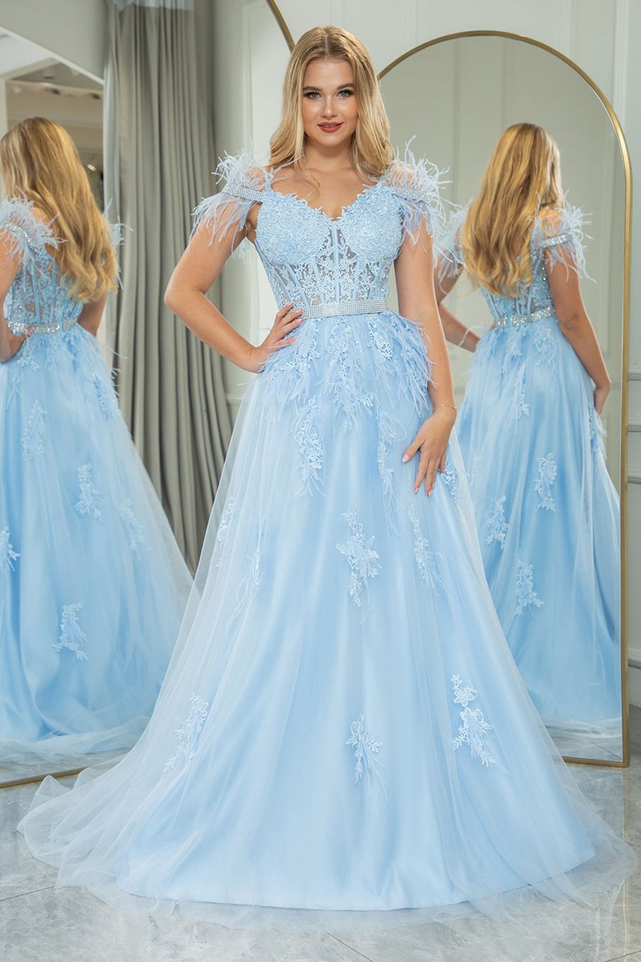 Prom Dresses HELLYMOON | A-Line Tulle Spaghetti Straps Corset Prom Dress With Feather Light Blue