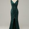 Prom Dresses HELLYMOON | Sequined Spaghetti Straps Prom Dress With Slit Dark Green