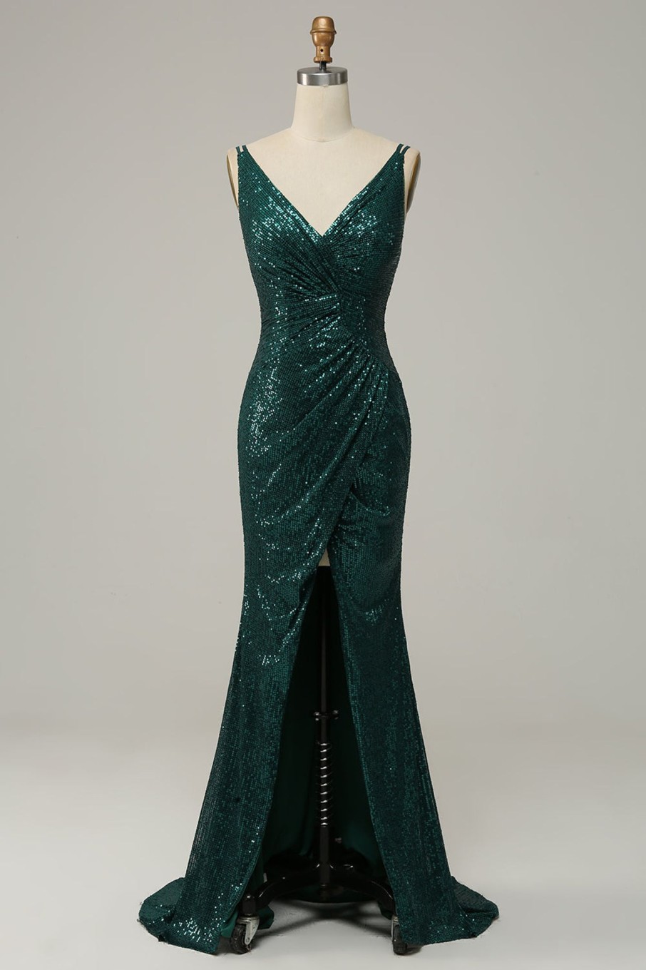 Prom Dresses HELLYMOON | Sequined Spaghetti Straps Prom Dress With Slit Dark Green