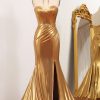 Prom Dresses HELLYMOON | Mermaid Strapless Corset Long Prom Dress With Slit Golden