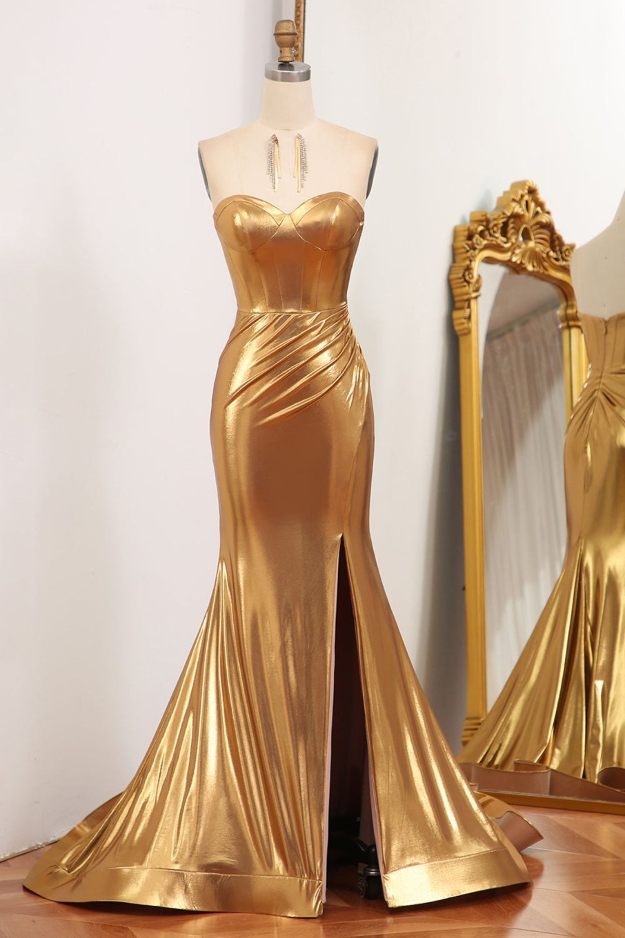 Prom Dresses HELLYMOON | Mermaid Strapless Corset Long Prom Dress With Slit Golden