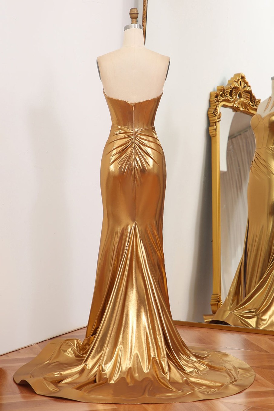 Prom Dresses HELLYMOON | Mermaid Strapless Corset Long Prom Dress With Slit Golden