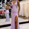 Prom Dresses HELLYMOON | Sheath V Neck Sequins Long Prom Dress With Split Front Lilac