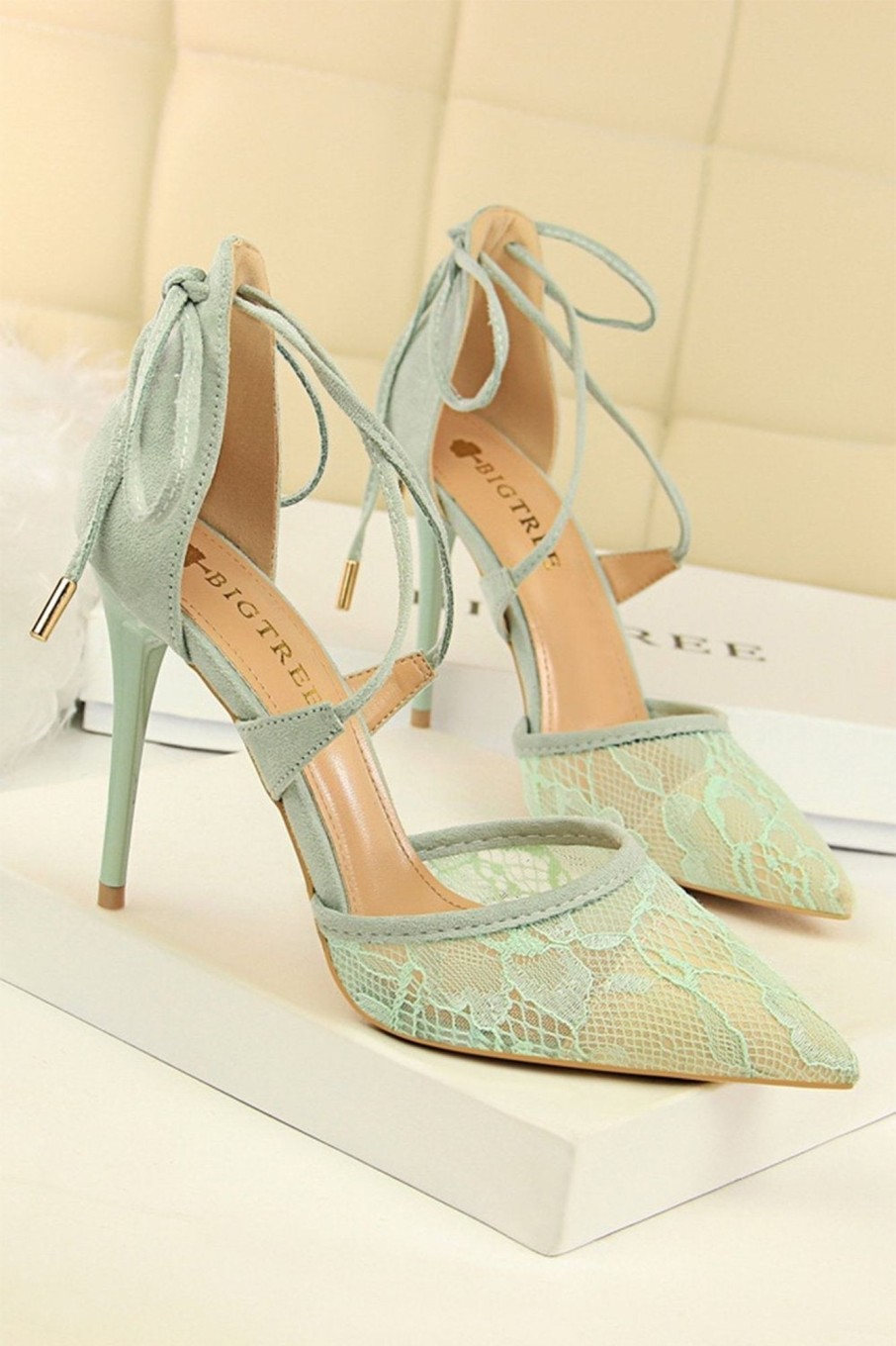 Accessories HELLYMOON | Shallow Pointed Toe Mesh Lace Cross Strap High Heels