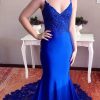 Prom Dresses HELLYMOON | Spaghetti Straps Satin Mermaid Prom Dress With Appliques Royal Blue