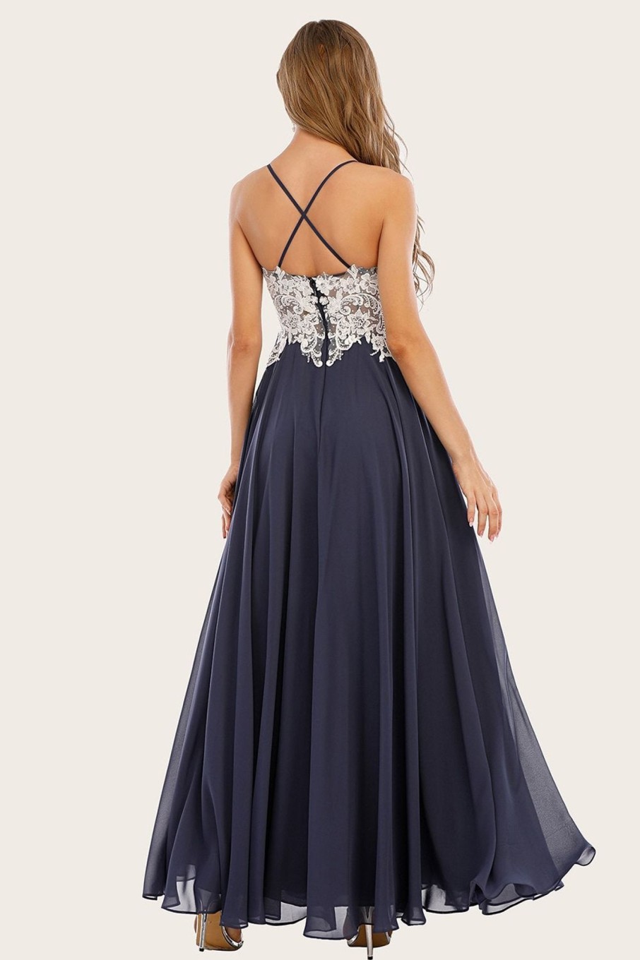 Special Occasion HELLYMOON | Dusty Long Chiffon Prom Dress With Lace Blue