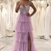 Prom Dresses HELLYMOON | A-Line Spaghetti Straps Tulle Corset Prom Dress With Slit Mauve