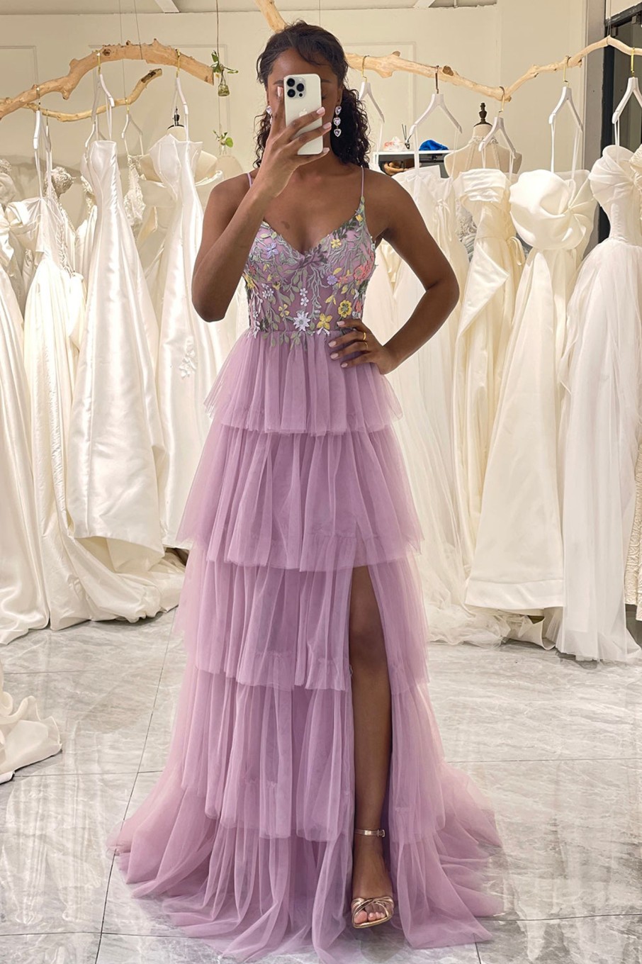 Prom Dresses HELLYMOON | A-Line Spaghetti Straps Tulle Corset Prom Dress With Slit Mauve