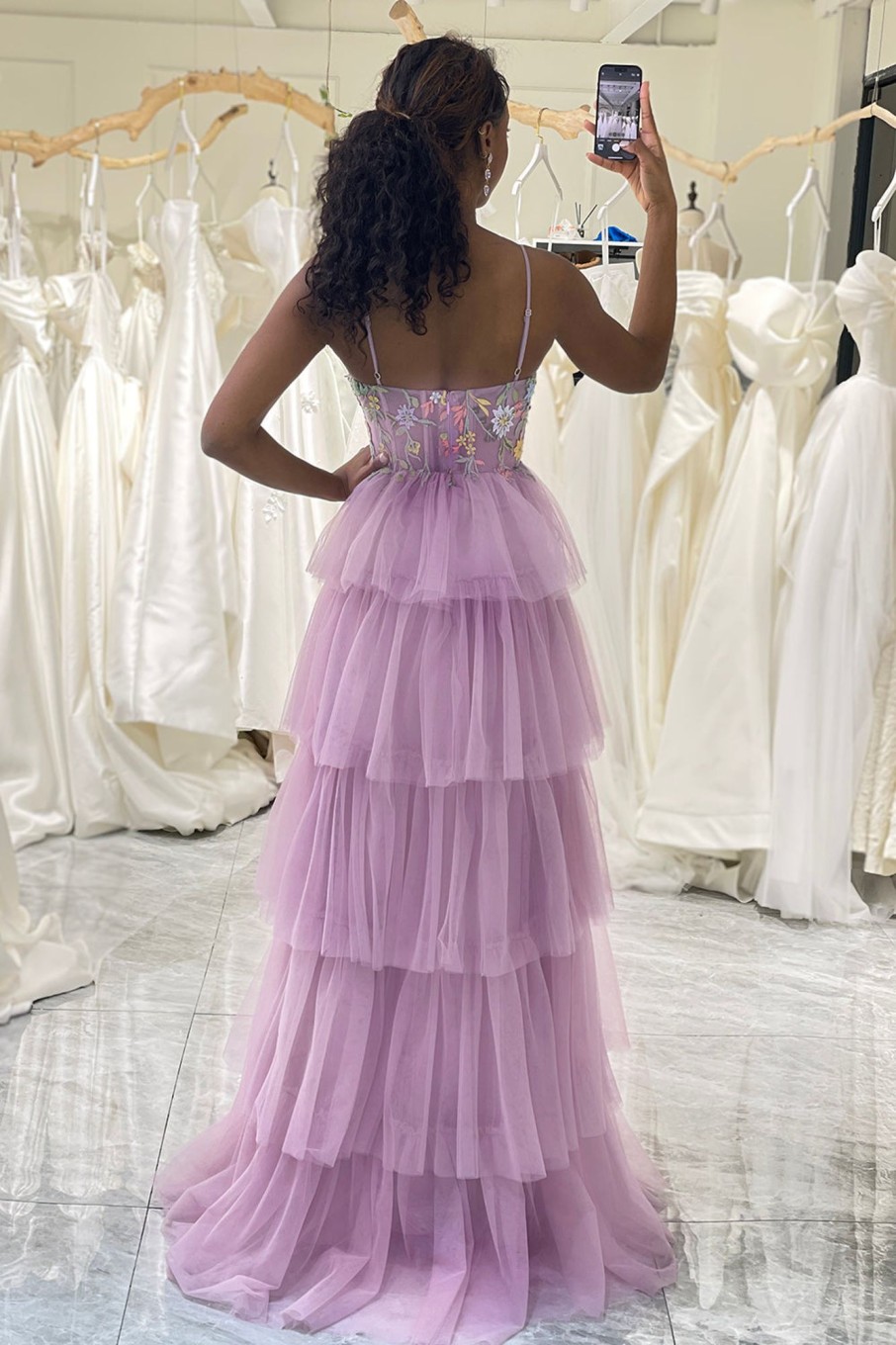 Prom Dresses HELLYMOON | A-Line Spaghetti Straps Tulle Corset Prom Dress With Slit Mauve