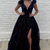 Prom Dresses HELLYMOON | Glitter A Line Feathers Prom Dress With Slit Black