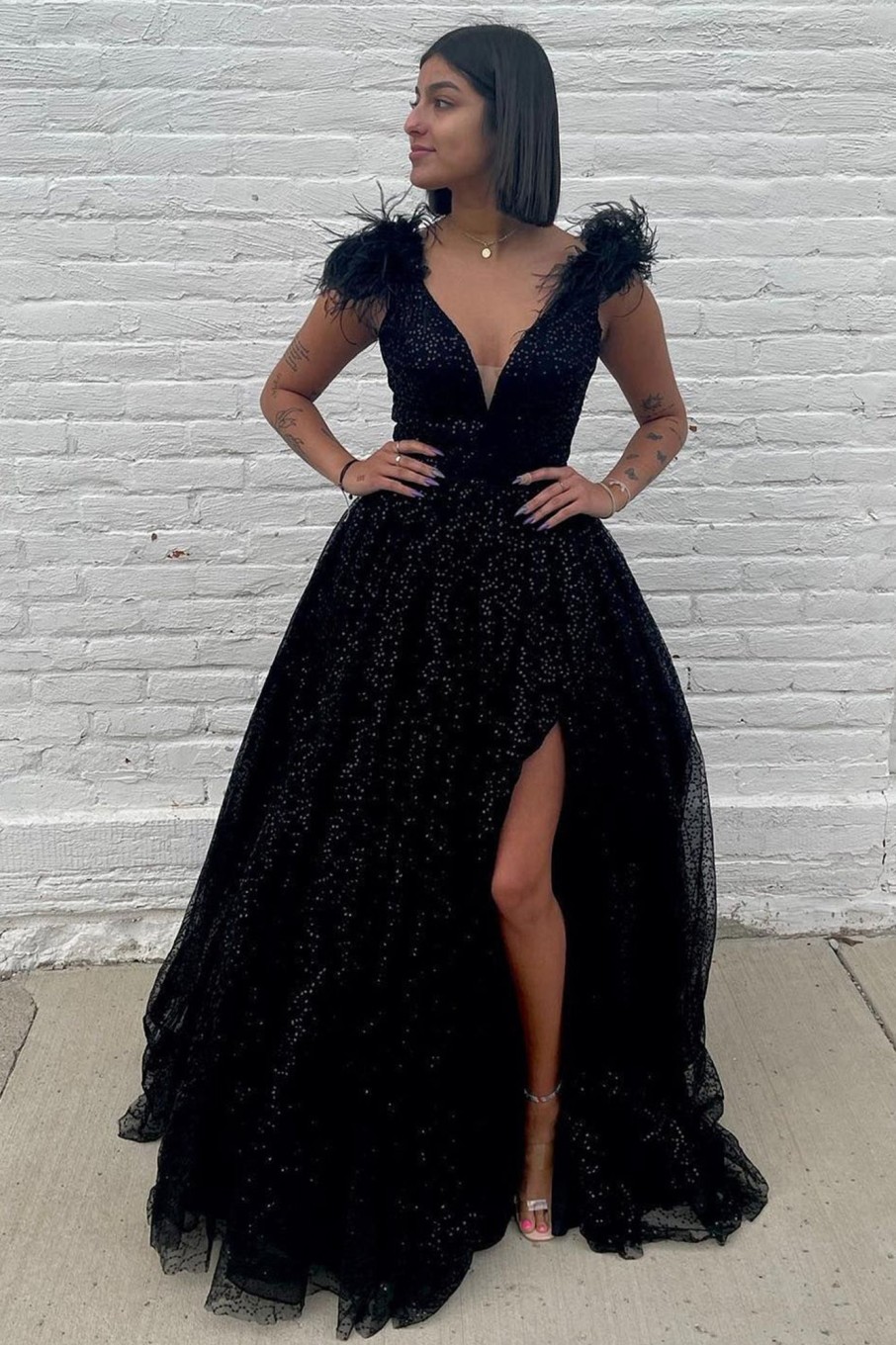 Prom Dresses HELLYMOON | Glitter A Line Feathers Prom Dress With Slit Black