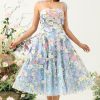 Prom Dresses HELLYMOON | Cute A Line Spaghetti Straps Tea Length Prom Dress With 3D Flowers Blue