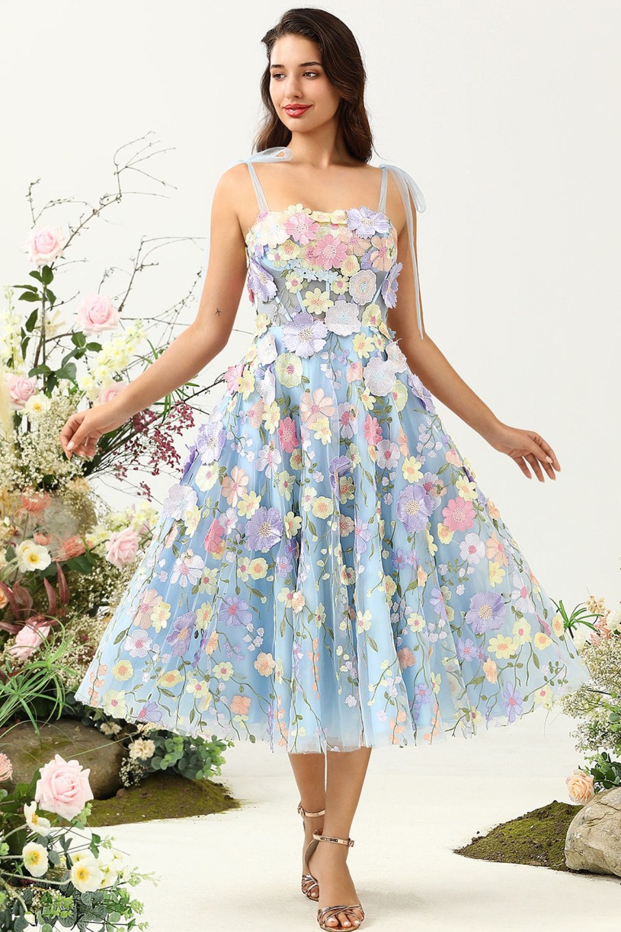 Prom Dresses HELLYMOON | Cute A Line Spaghetti Straps Tea Length Prom Dress With 3D Flowers Blue