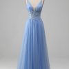 Prom Dresses HELLYMOON | A-Line V Neck Tulle Prom Dress With Appliques Light Blue