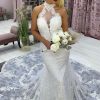 Wedding Dresses HELLYMOON | Halter Long Train Mermaid Wedding Dress With Appliques Ivory