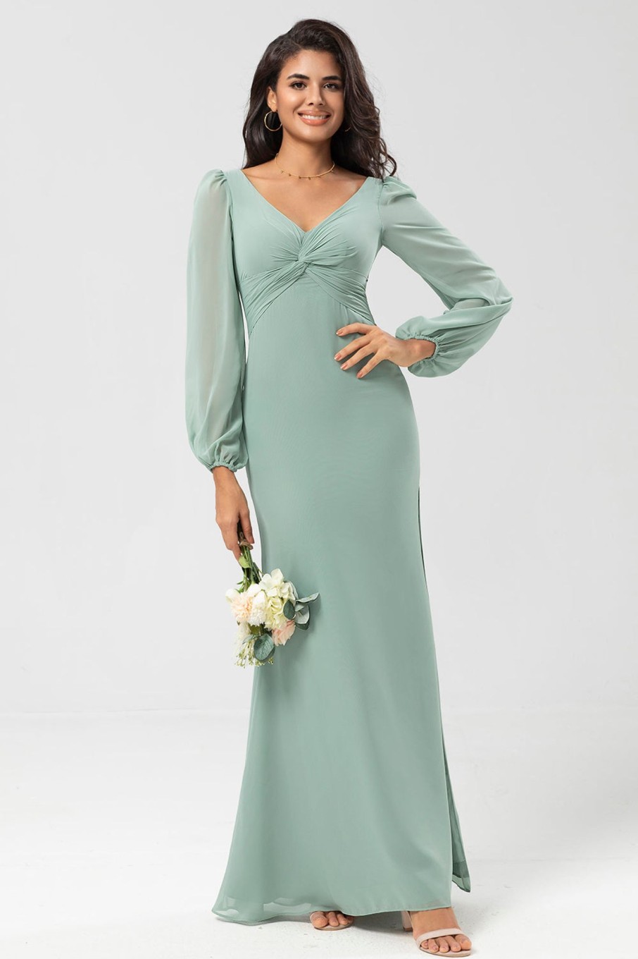 Partywear HELLYMOON | Long Sleeves Green Bridesmaid Dress With Slit