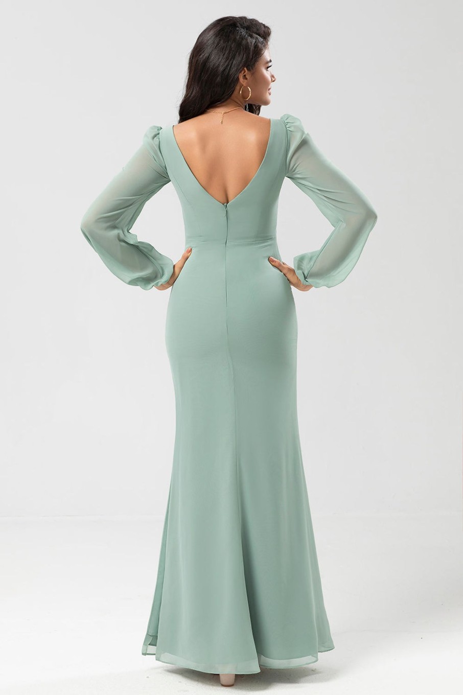 Partywear HELLYMOON | Long Sleeves Green Bridesmaid Dress With Slit