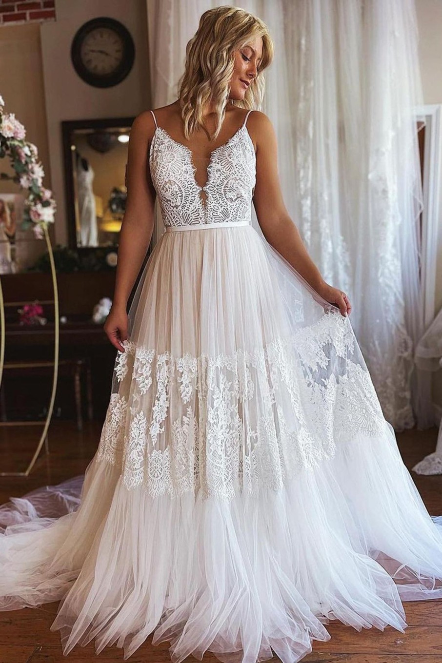 Wedding Dresses HELLYMOON | Boho A-Line Long Tulle Wedding Dress With Lace Ivory