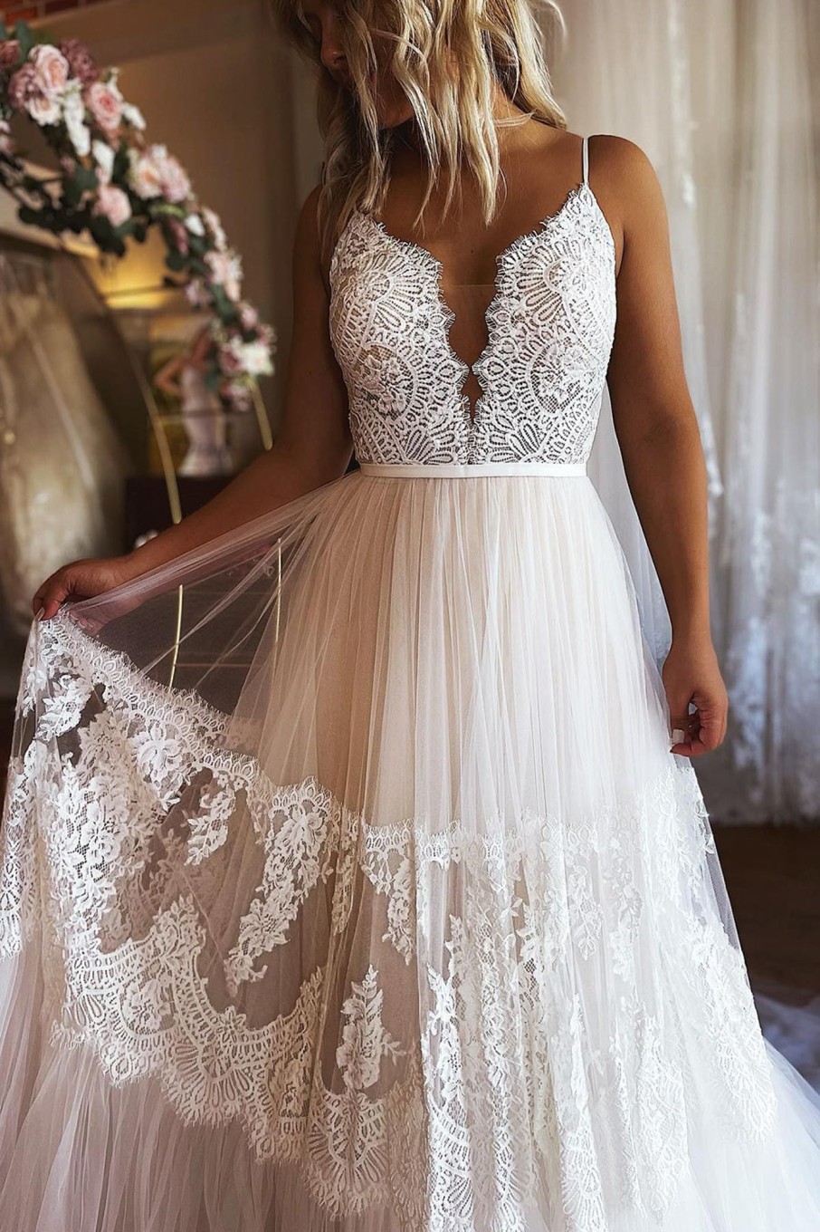 Wedding Dresses HELLYMOON | Boho A-Line Long Tulle Wedding Dress With Lace Ivory