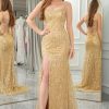 Prom Dresses HELLYMOON | Mermaid Spaghetti Straps Sequin Prom Dress With Slit Golden