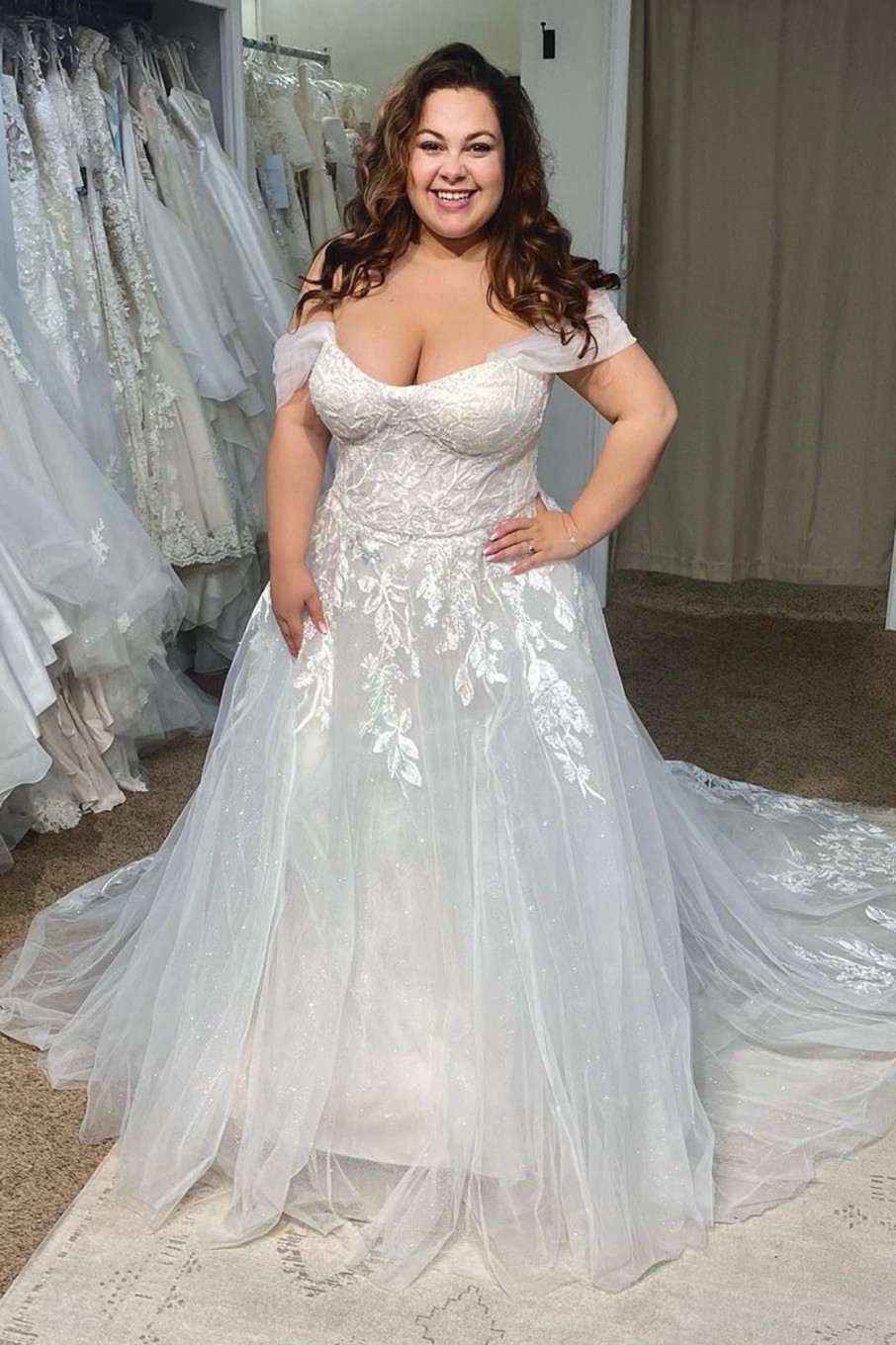 Wedding Dresses HELLYMOON | Tulle Off The Shoulder Long Plus Size Wedding Dress With Appliques White