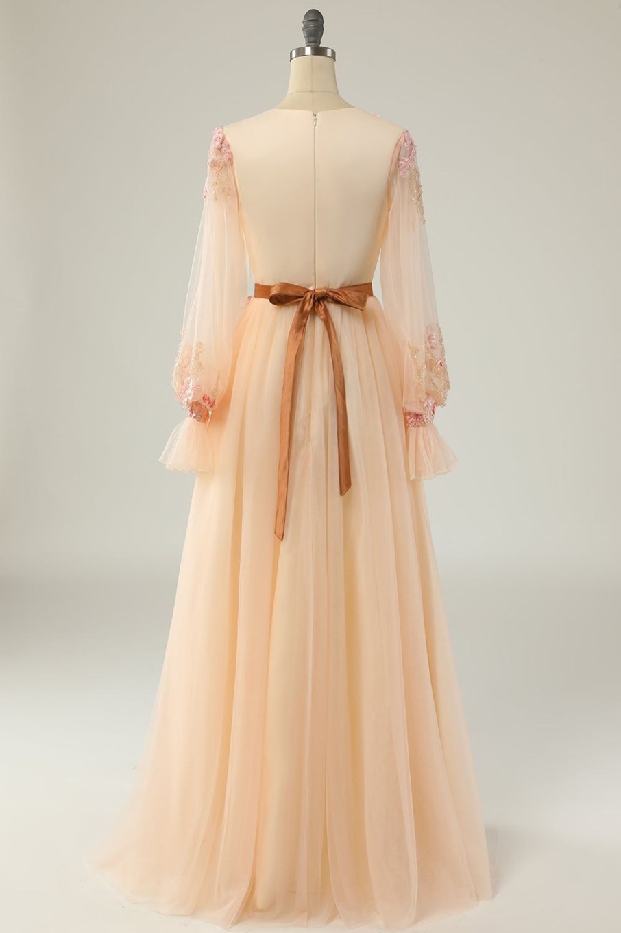 Partywear HELLYMOON | Elegant A Line V Neck Long Prom Dress With Appliques Apricot