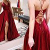 Prom Dresses HELLYMOON | Simple A Line Satin Long Prom Dress With Slit